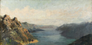 Cesare Tallone, ritratti di società Cesare Tallone, Paesaggio del lago d’Iseo da Bossico, olio su tela, 48 x 68 cm, collezione privata