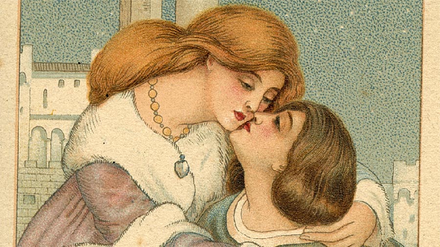 L’incontro, il bacio, cartoline illustrate del Novecento